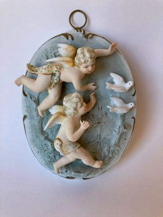 Vintage Lefton Angels Cherubs W/ Doves Oval Wall Plaque 6 " X 4 1/2 "