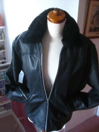Vintage Mens Ami Black Leather Highwayman Jacket 38 40 Biker Fur Collar Uk 14 16