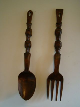 Large Carved Wood Spoon And Fork Kitchen Wall Decor