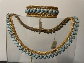 Vtg.  Sign Hobe’ Necklace & Bracelet,  Adventurine Blue Art Glass W/rhinestones