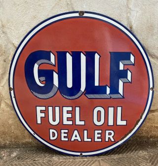 Vintage " Gulf " Fuel Oil Dealer Porcelain Enamel Sign 30 "
