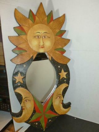 Vintag Folk Art Moon Stars & Sun Wall Art Mirror Hand Carved Painted Wood 10x22 "
