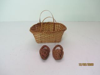 2 Vintage Miniature Carved Walnut Shell Baskets 1 Miniature Woven Basket