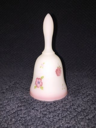 Fenton Satin Glass Petite Bell Hand Painted Flowers Signed T.  Miller 4.  5”h
