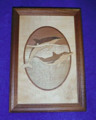 Jeff Nelson Hudson River Inlay Marquetry Wooden Dolphins Picture Vtg Signed Rare