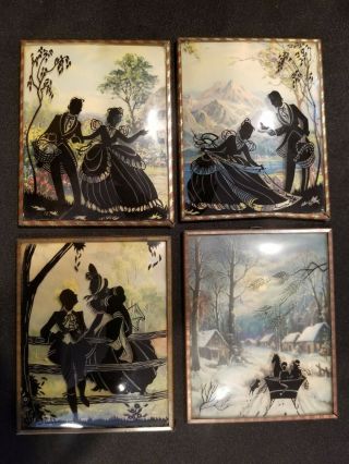 4 Vintage Reverse Painted Silhouette Pictures W/convex Glass