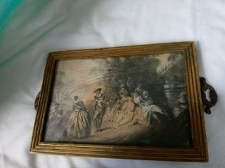 Antique Victorian Mirror Vanity Tray Rectangle With Handles W/ Picture On Back