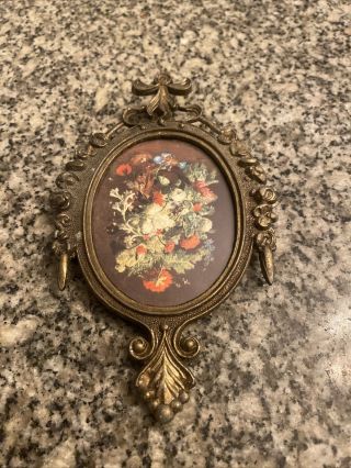 Vintage Floral Wall Hanging Made In Italy - Metal Frame Oval 6.  5”