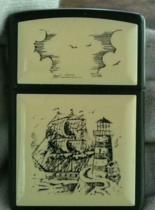 1994 Zippo Lighter Scrimshaw Ship And Lighthouse With 2004 Insert