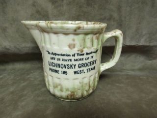 Vintage Stoneware Art Pottery Milk Pitcher Advertising Grocery Store West Texas
