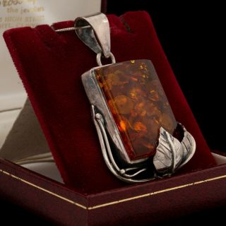 Antique Vintage Art Deco Sterling Silver Baltic Amber Foliate Huge Necklace 32g