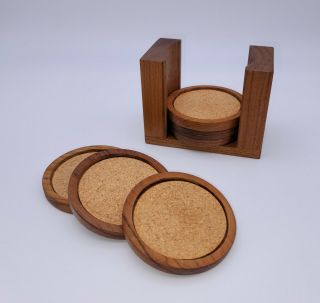 Mid - Century Danish Solid Teak Wood Cork Top Coasters Set Of 7 Coasters W/ Caddy