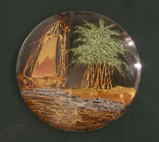 Vintage Round Convex Bubble Glass Picture Metallic Sailboat Island & Tree