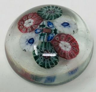 Vintage Small Round Floral Art Glass Multi Color Paperweight With Flaws