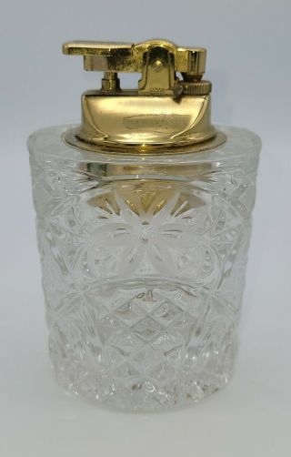 Vintage Crystal Cut Glass And Brass Table Top Lighter Japan Art Deco Flower