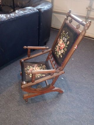 Antique Victorian Platform Spring Rocking Chair Wood Tapestry