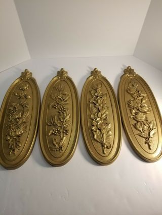 Vintage Set Of 4 Syroco Decorative Flower Seasons Oblong Wall Plaques Dart Ind