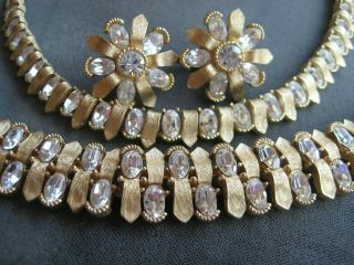 Vintage Trifari Parure Necklace,  Bracelet,  Earrings Gold Tone W Oval Rhinestones
