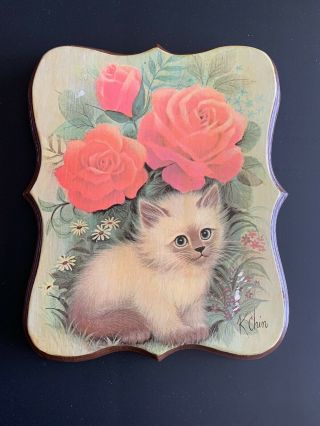 Vintage K.  Chin Wood Plaque Kitten & Roses Wall Hanging