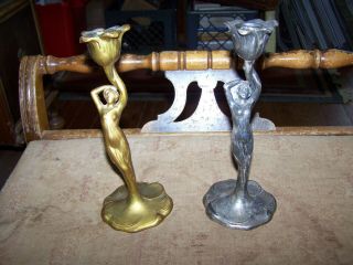 2 Antique Art Deco Silver& Bronze Plate Metal Woman Candle Holder W.  B.  Mfg.  Co.