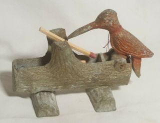 Antique Mechanical Cast Iron Woodpecker Bird Toothpick Holder Dispenser Matches