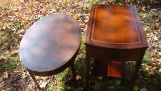 Set Of 2 Vintage Leather Top End/coffee Tables Oval And Rectangle W/drawer