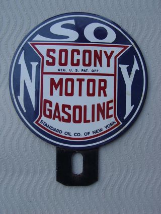 Vintage Socony Motor Gasoline Gas Oil 2 - Piece Porcelain License Plate Topper
