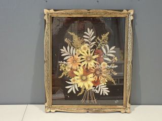 Vintage Framed Dried Flower Picture 14.  5 " X 17.  5 " Gold Wood Frame
