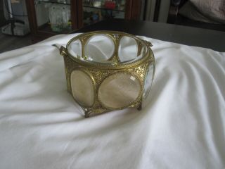 Vintage Filigree Ormolu Jewelry Casket 8 Sided Beveled Glass Ornate Trinket Box