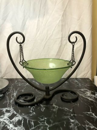 Antique Art Nouveau Green Glass & Wrought Iron Bowl