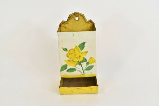Vintage Mid - Century Metal Hanging Match Box Yellow With Yellow Roses Home Decor