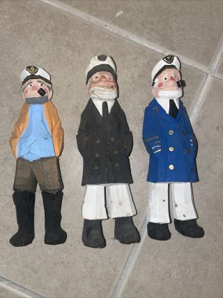 3 Hand Carved & Painted Wood Sea Captain W/ Pipe & Hat 7 In Figurine Decor