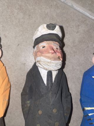 3 Hand Carved & Painted Wood SEA CAPTAIN w/ Pipe & Hat 7 In Figurine Decor 2