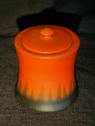 Rare Old Orlik Pipe Tobacco Herb Pottery Jar Flames Orange & Black 1920s? 1930s?