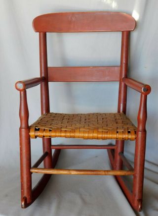 Antique child ' s rocking chair rocker red painted splint seat maple rush c.  1880 2