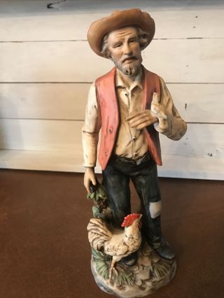 Vintage Homco Old Man With Bird And Rooster Figurine 1194.  10 " Tall.