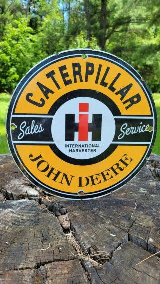 Vintage Old Caterpillar John Deere Salels Tractor Heavy Metal Porcelain Sign