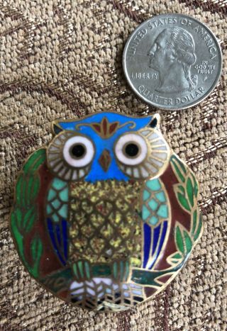 Vintage Small 2 Pc Brass Trinket Box With Lid Hand Painted Enamel Owl Round