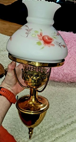 Vintage Wall Lamp With Milk Glass Shade And Hand Painted