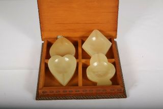 4 Vtg Onyx Stone Ashtrays Playing Card Suits In Wooden Hand Carved Box Case