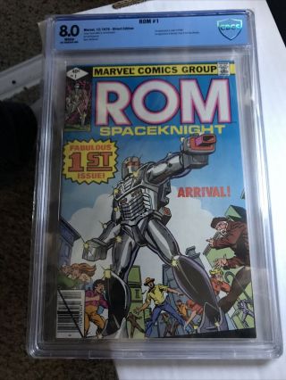 Rom 1 Cbcs 8.  0 Newsstand White Pages Spaceknight 1st Appearance Marvel 1979