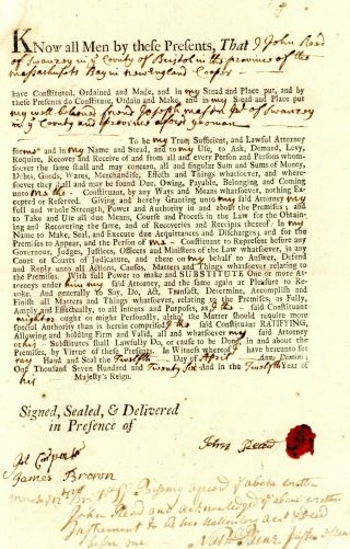 1726 Mass Bay Colony Rare Printed Form Power Of Att For John Read Of Swanzey
