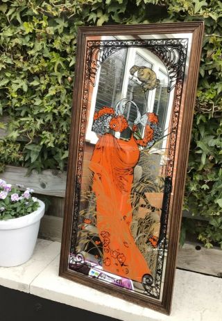 Large Vintage Mucha Art Nouveau Mirror Orange Summer Lady