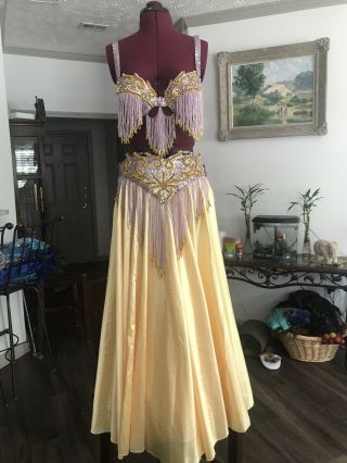 Belly Dance Lavender And Gold Vintage Professional Costume With Yellow Skirt
