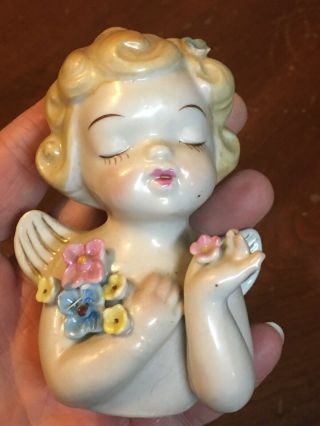 Vintage Delicate Porcelain Bisque Cherub Angel Bust Holding Flowers Japan