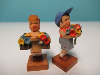 Vintage 2 " Tiny Children Hand Carved Swiss Wooden Figurines Doll House