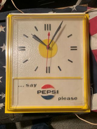 Antique Advertising Vintage 1970 Say Pepsi Please Soda Sign Clock Lights & 3