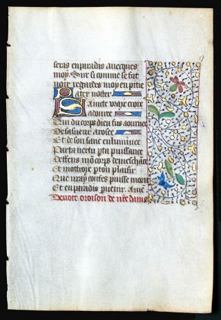 Written In Medieval French,  Illuminated Manuscript Book Of Hours Leaf 1450