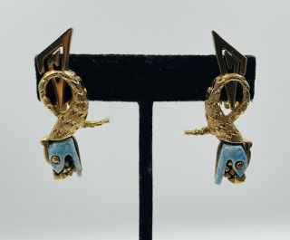 Salvador Teran Marbel Vintage Mexican Gold Plated Ceramic Dragon Clip Earrings