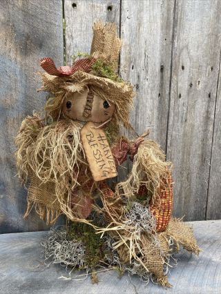 Primitive Grungy Scarecrow With Corn Makedo Doll Centerpiece Table Standing
